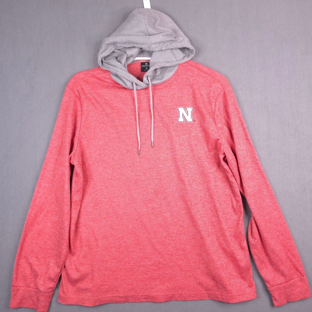 Nebraska Mens XL Red Grey Waffle Knit Thermal Hoodie Embroidered N - Picture 2 of 8